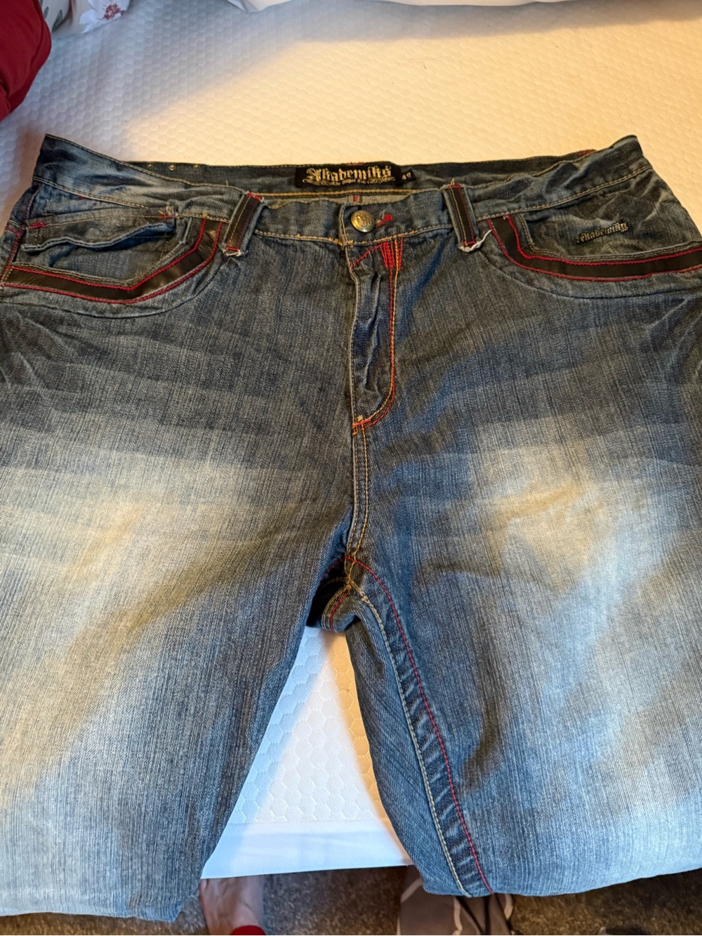 Akademiks Men's Faded Blue Denim Jeans with Red Stitching